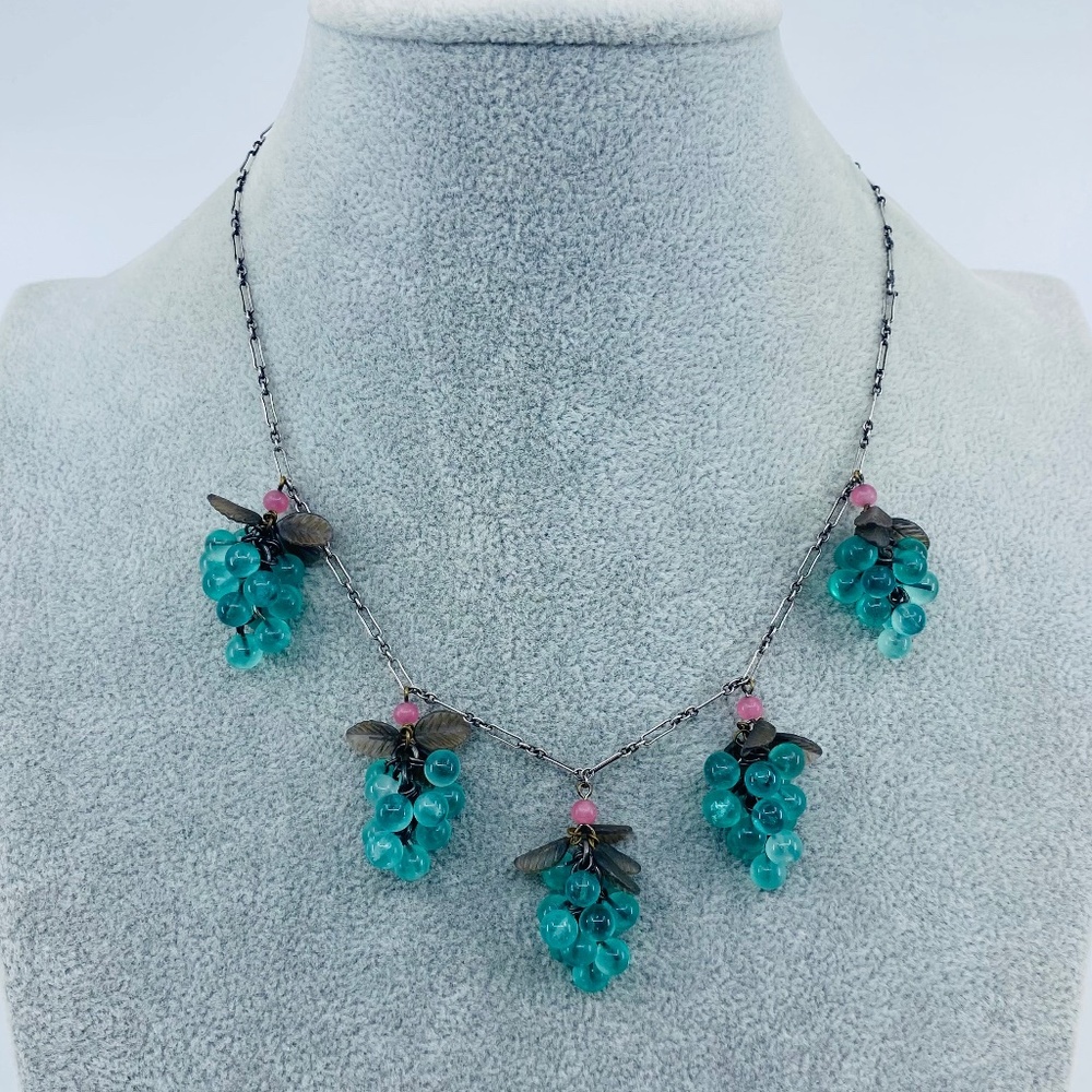 Vintage silver hand blown multi crystal beaded grape drop 17" necklace.
